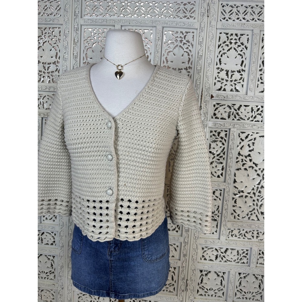 Style & Co Cream Chunky Knit 3/4 Sleeve Crochet Style Cropped Cardigan Sz Small‎ - Picture 2 of 7